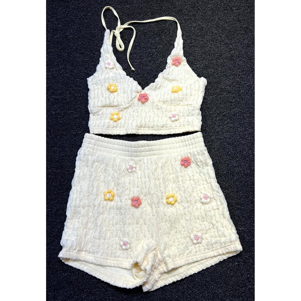 Shein Two-Piece Set Girls XS Cream Floral Print Textured V-Neck Spaghetti Strap
